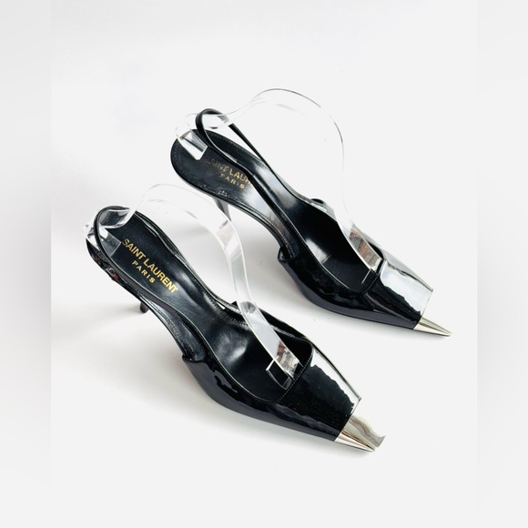 Saint Laurent black patent silver cap toe Blade 90 slingback pump damage sz 39 - Picture 1 of 13